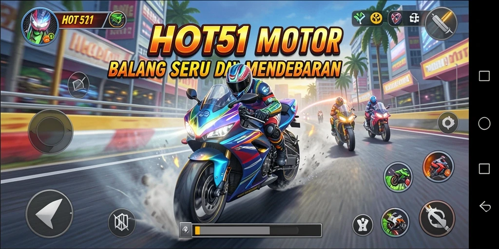 Screenshot HOT51 menampilkan aksi balapan motor yang mendebarkan.