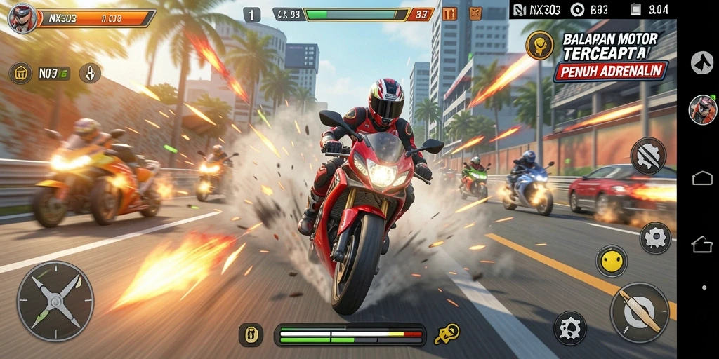 Tampilan gameplay seru dalam NX303 saat balapan motor.