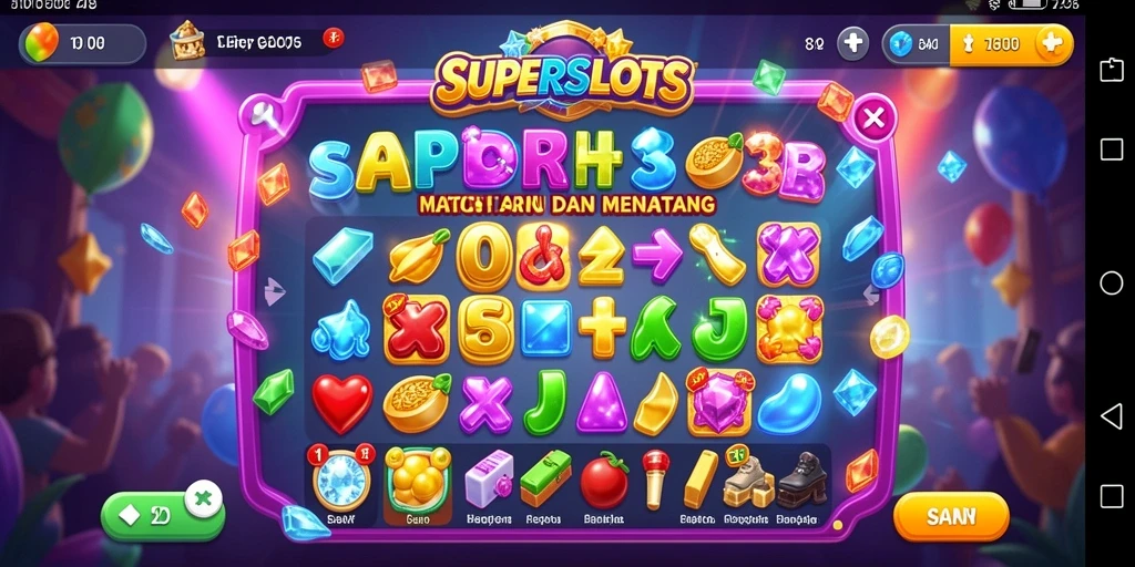 Screenshot gameplay SUPERSLOTS yang menarik dengan tantangan Match-3.